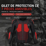 Schéma des 7 protections CE du gilet moto BreezeShield : épaules et coudes CE2, poitrine et dos CE1
