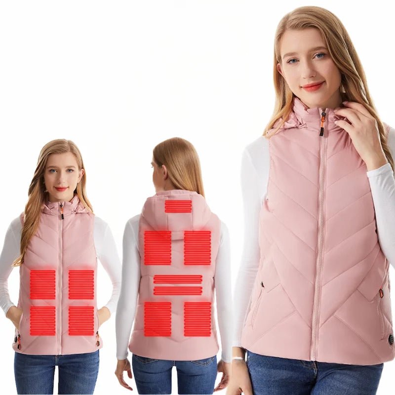 gilet chauffant rose pour femme type doudoune sans manches avec capuche