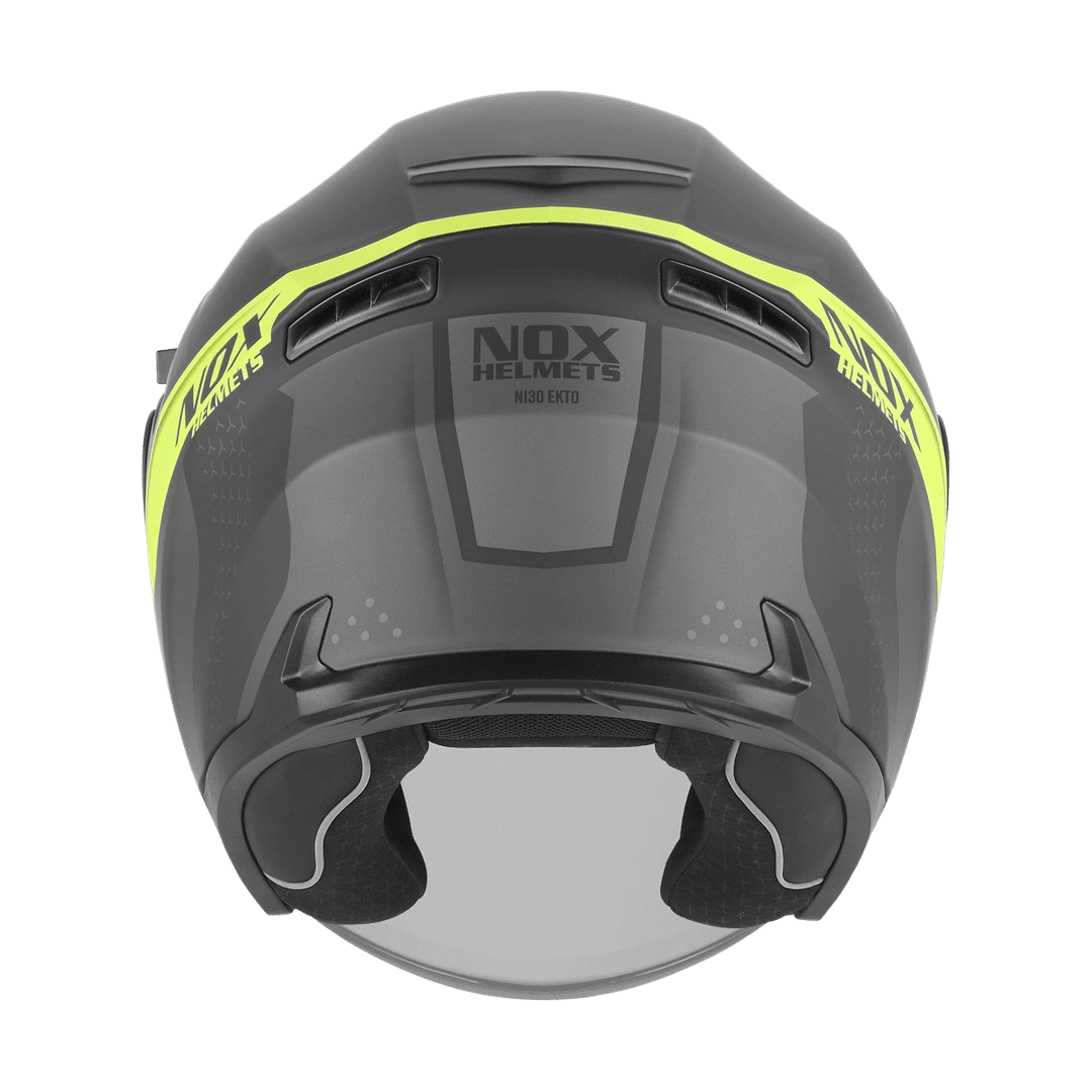 Casque jet graphique N130 Ekto noir mat jaune fluo vu de l'arrière, extracteurs et liseré fluo
