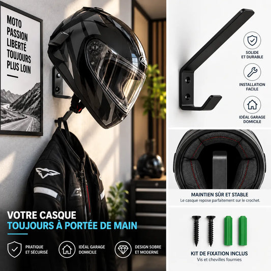 Porte-casque moto mural fixé au mur avec casque intégral suspendu