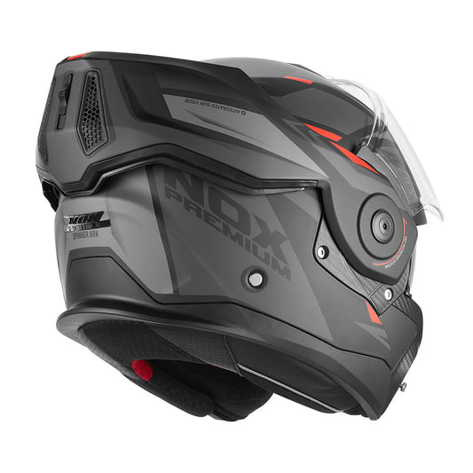 Arrière trois quarts du casque modulable réversible Spinner Ark noir mat rouge, mentonnière relevée et ventilation