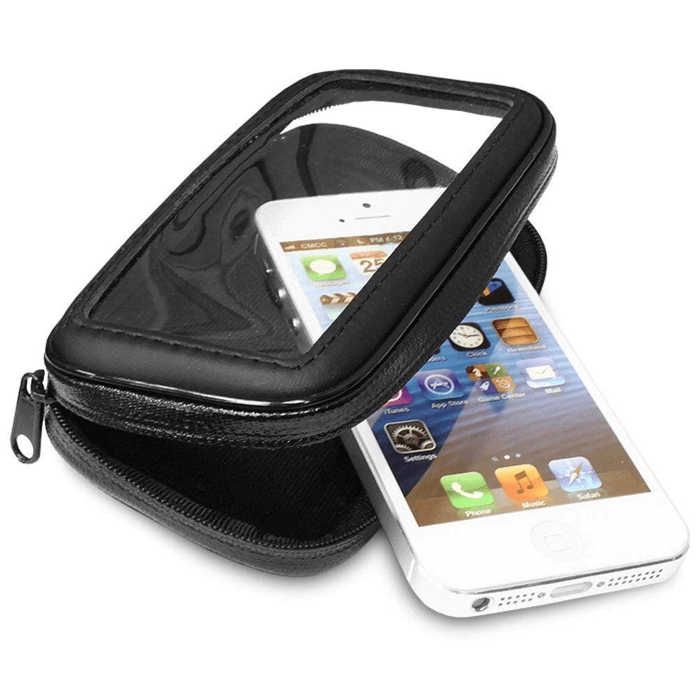 Support smartphone moto étanche MultiRide ouvert, façade tactile transparente et double fermeture éclair