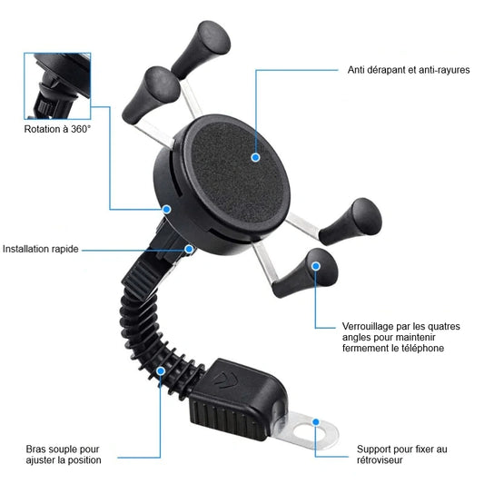 Support téléphone rétroviseur scooter ScooterView à pinces réglables et embouts caoutchouc