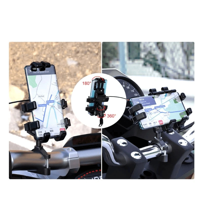 Détail du chargeur USB 5V 2A du support téléphone moto enduro et de sa fixation guidon en ABS