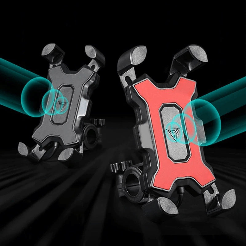 Support smartphone moto décliné en noir et en rouge, bras à griffes universel présenté sur fond sombre