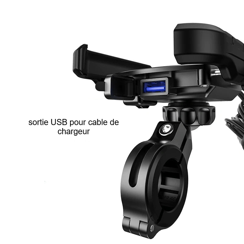 Support chargeur moto avec sortie USB annotée pour câble de charge et collier de fixation sur guidon