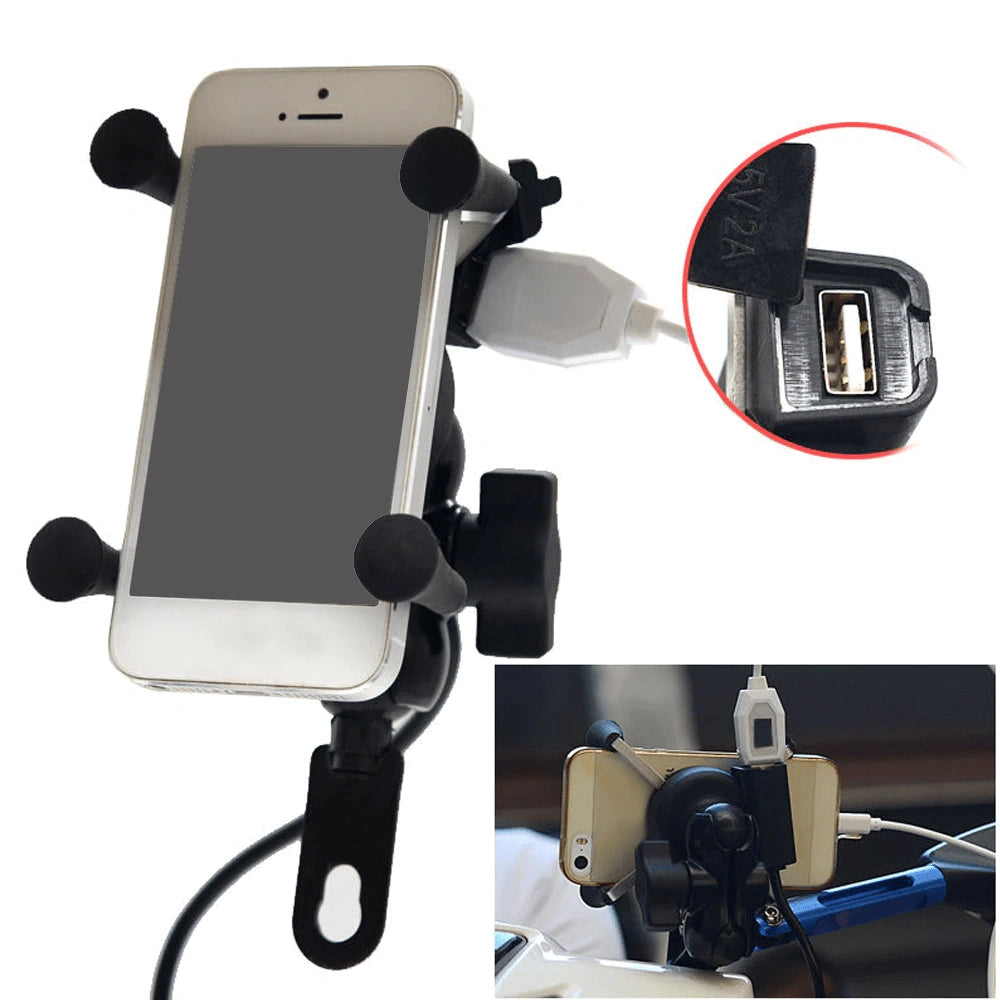 Support téléphone rétroviseur moto avec smartphone maintenu par bras en X et prise USB QC 3.0