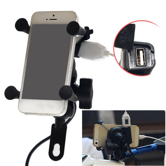 Support téléphone rétroviseur moto avec smartphone maintenu par bras en X et prise USB QC 3.0