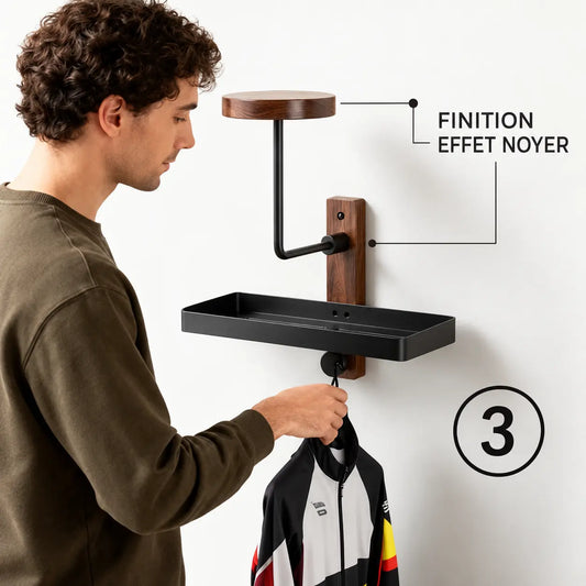 Porte casque moto mural fixé au mur avec casque intégral suspendu