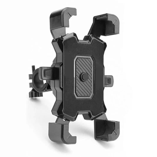 Support smartphone moto en ABS noir, vue trois quarts des griffes ouvertes et de la pince guidon