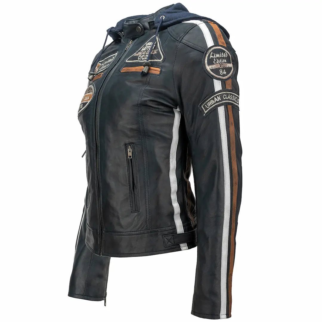 Blouson cuir moto femme style vintage | LEGENDARY 58™ Bleu Navy | DESTOCKAGE — Le style