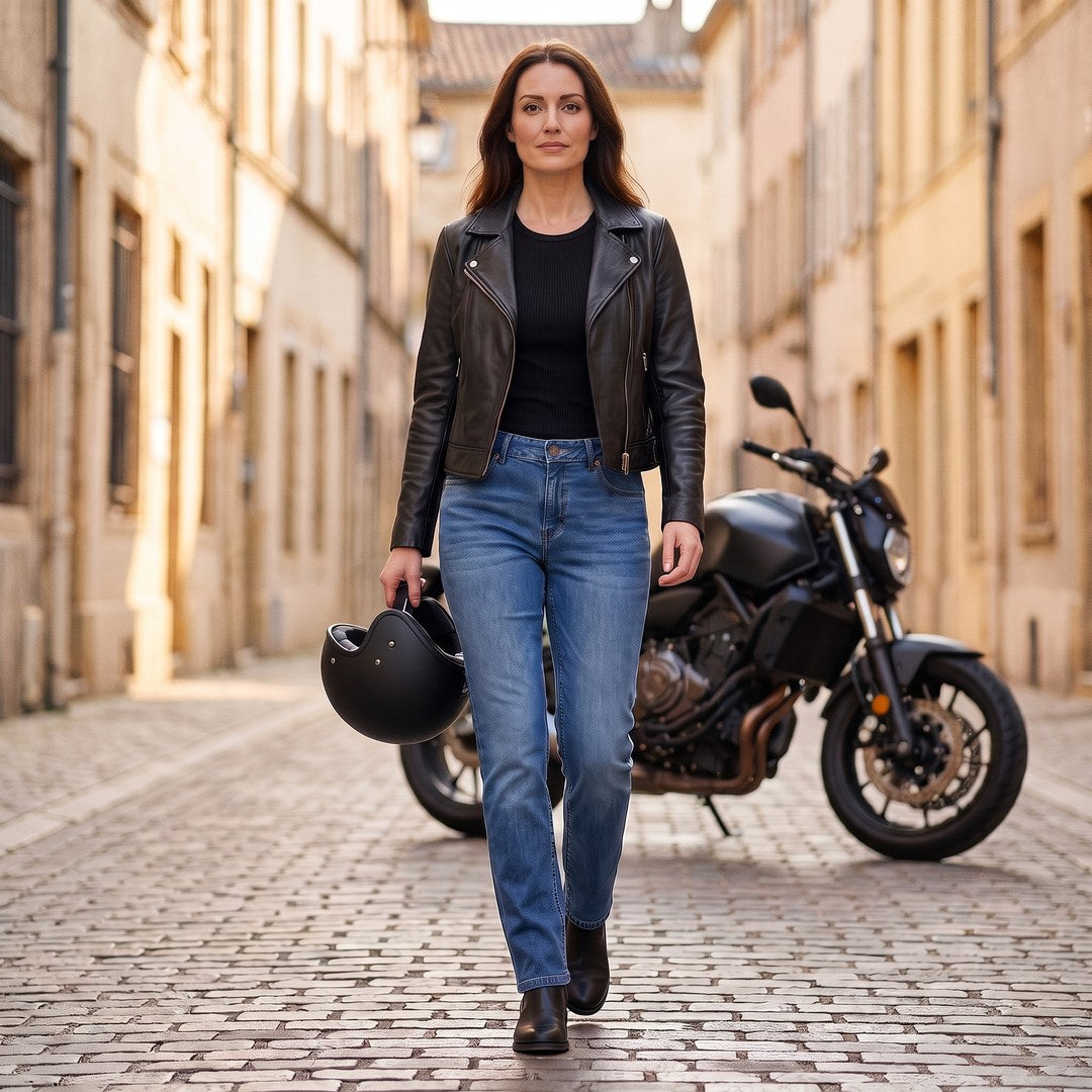 Motarde en jean moto femme Asfalt bleu et blouson en cuir, casque à la main