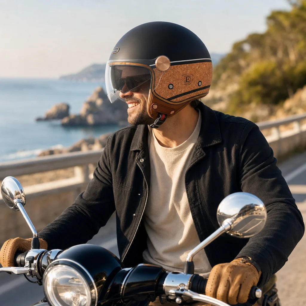 Casque Jet Smart II Deck Noir Mat/Liège EXKLUSIV, Cuir + écran solaire | ECE R22.06 en situation