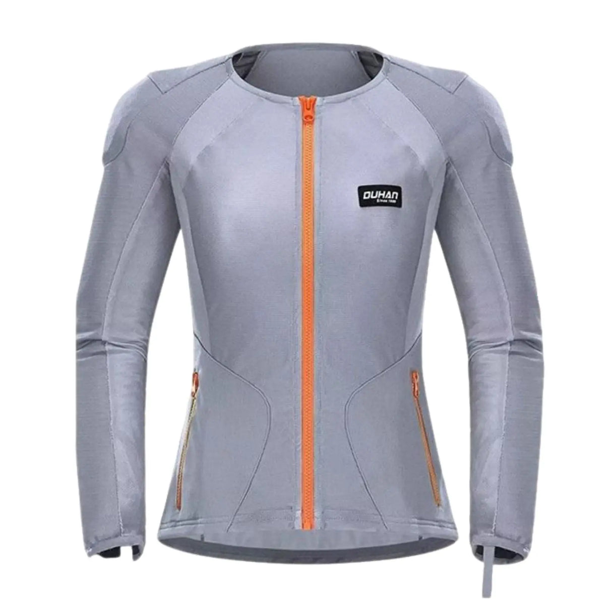 Gilet protection moto femme PRO-TEK gris vue de face, zip orange et coupe cintrée