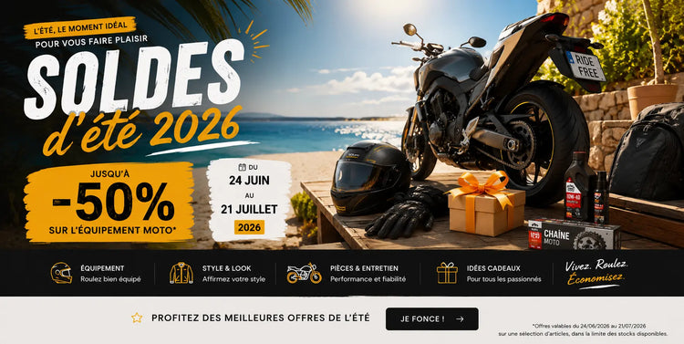 Soldes été 2026 – Équipements et accessoires pour moto et motard jusqu'a -50%. Le pratique du motard