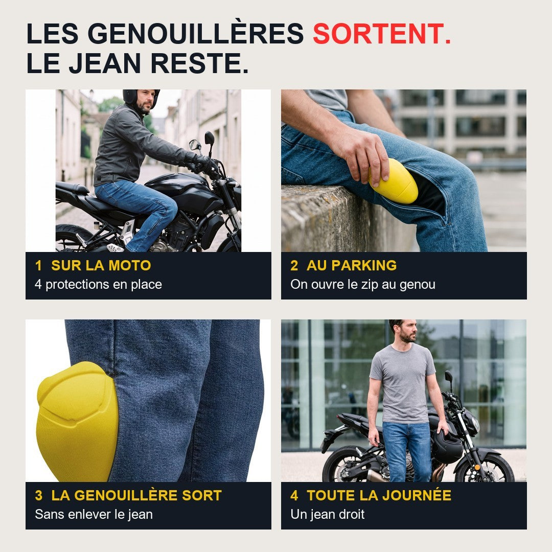 Système Zip-Genou : la genouillère sort, le jean reste