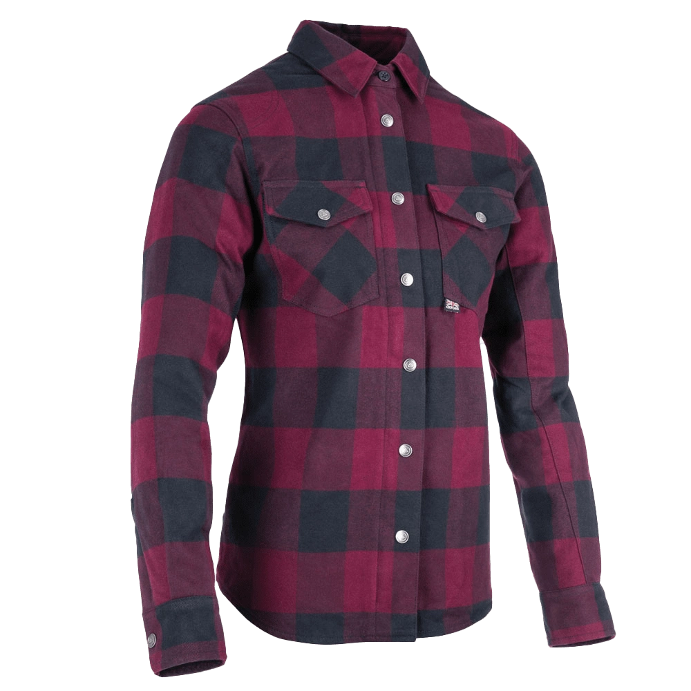 Surchemise moto femme SKADI carreaux rouge et noir, vue trois quarts