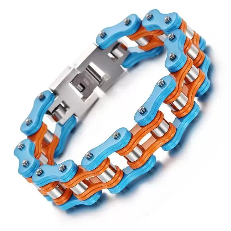 Bracelet chaine de moto Orange et bleu clair Le Pratique du Motard