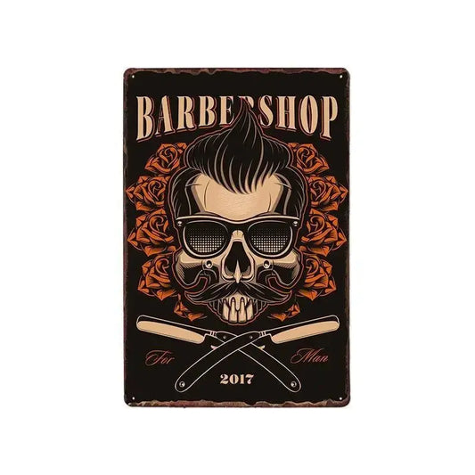 Plaque métallique décorative "BARBER SCHOOL" - Le Pratique du Motard