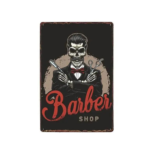 Plaque métallique décorative "BARBER SCHOOL" - Le Pratique du Motard